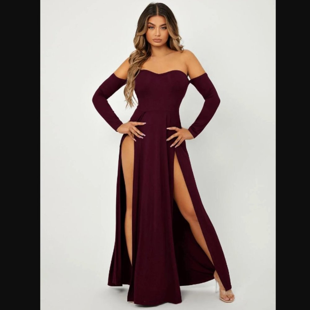 SHEIN Super Sexy Off The Shoulder Red Maroon Rose Maxi Slit Thigh Romantic Dress
